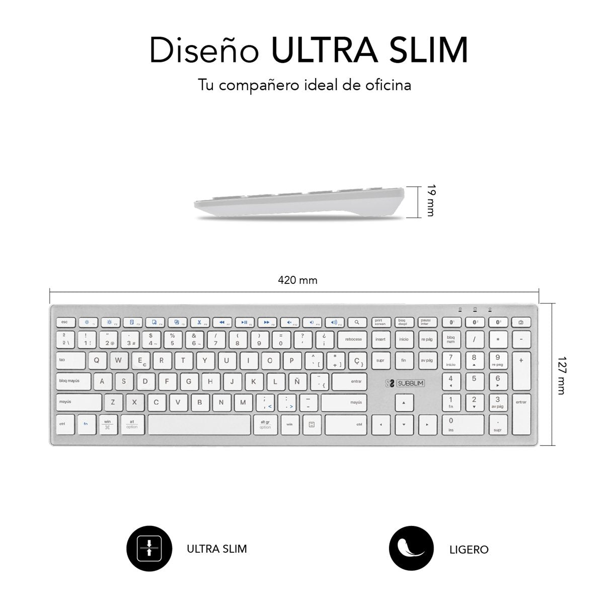 Teclado Español Pure Extended Silver Subblim Bluetooth 5.1/ Multidispositivo Hasta 3 Dispositivos
