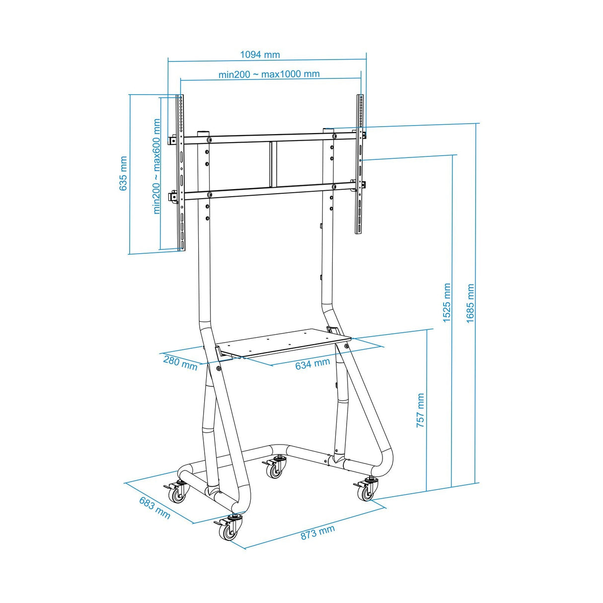 Tooq Soporte De Pantalla De Suelo Con Ruedas 60"-105" - Bloqueo De Ruedas - Sistema Antirrobo - Gestion De Cables -