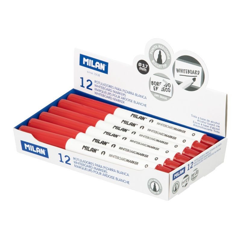 Caja De 12 Rotuladores Rojos Ø3,7mm Para Pizarra Blanca Milan