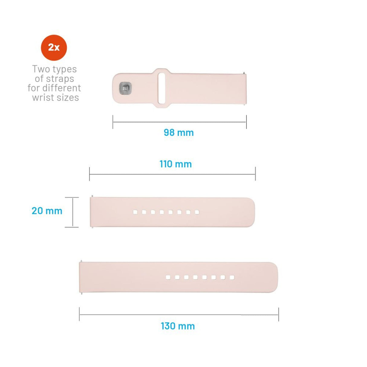 Fixed Silicone Sporty Strap Set With Quick Release 20mm For Smartwatch, Pink