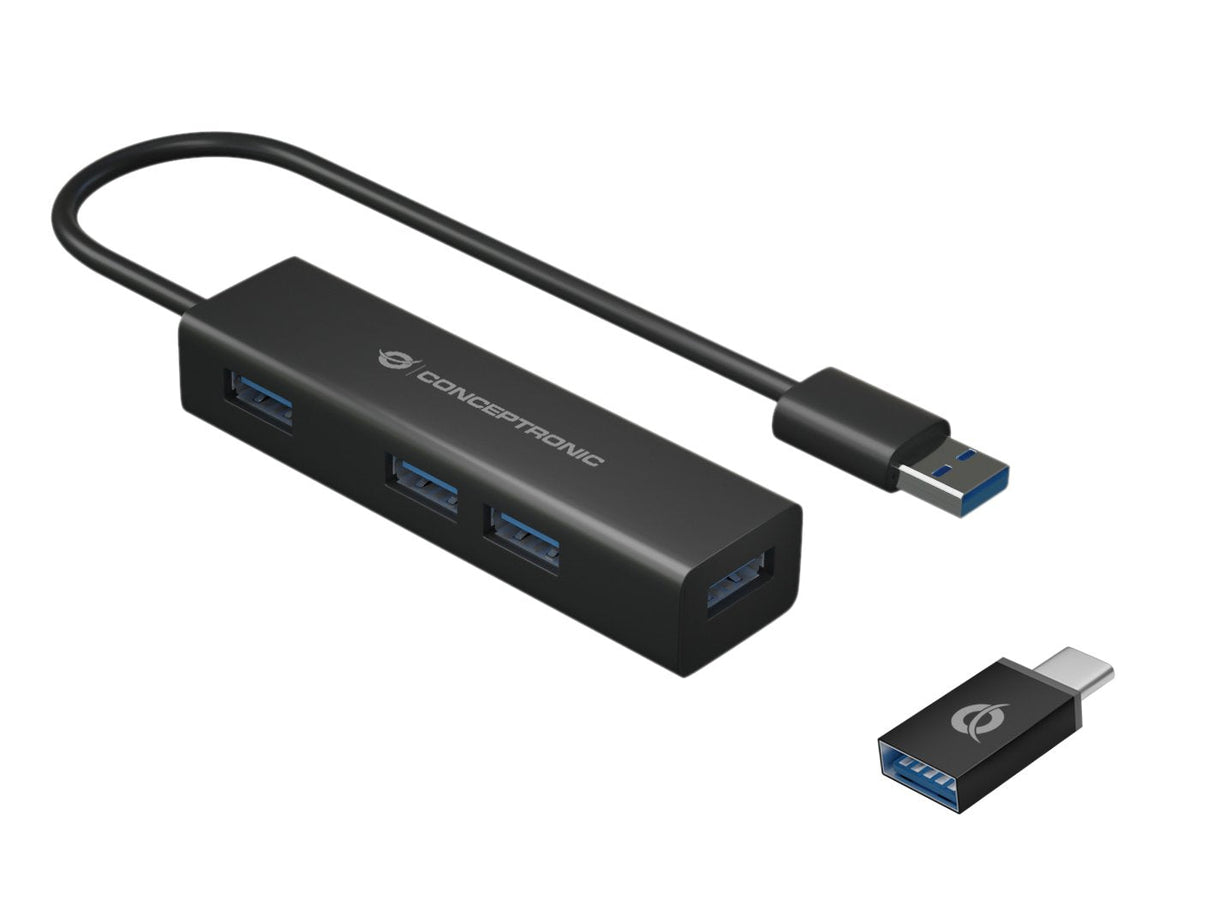 Conceptronic Hub 3.0 4 Puertos Usb 3.0 Con Adaptador Usb-C Negro