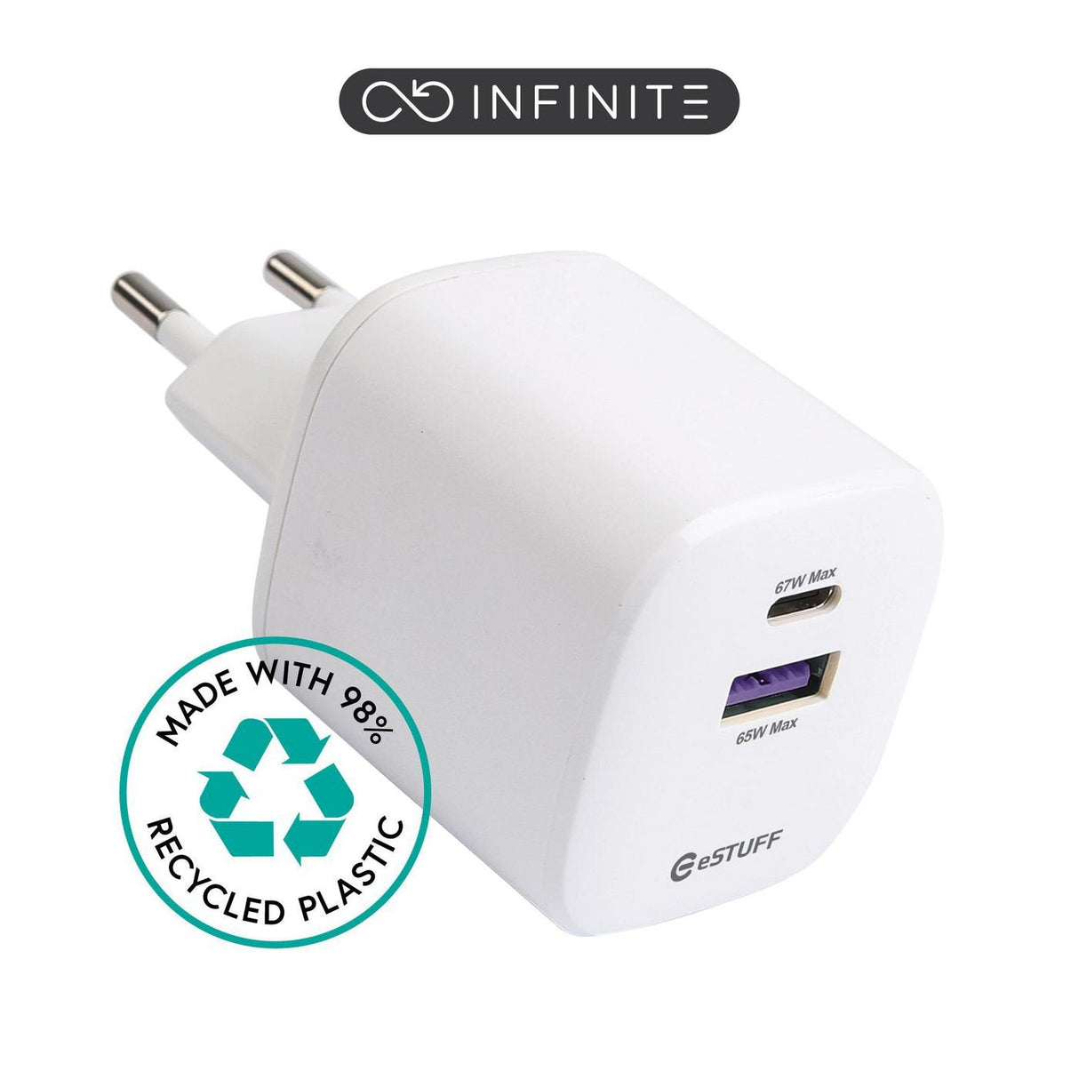 Infinite Usb-C Charger Eu Pd - 67w Gan. 1x Usb-C - 1 X - Usb-A. White. Recycled Plastic - Warranty: 60m