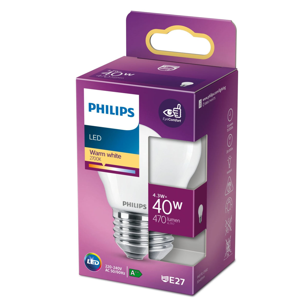 Signify Philips - Lámpara Led - Form: P45 - Mate Finish - E27 - 4.3 W (Equivalente 40 W)