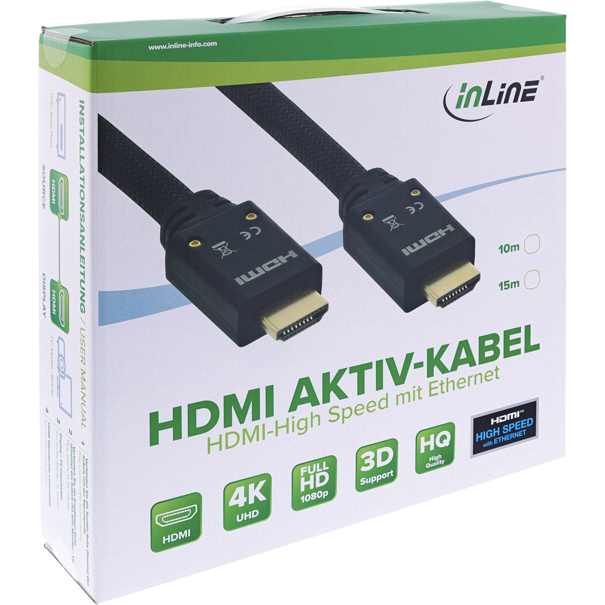 Cable Hdmi Activo De Inline Con Ethernet, 4k2k, M/M, Negro, Contactos Dorados, 15 M