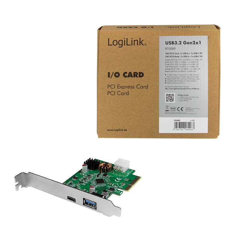 Logilink Pc0089 Pci Express Card Usb 3.2 1x Usb-C Pd 3.0 And 1x Usb 3.0