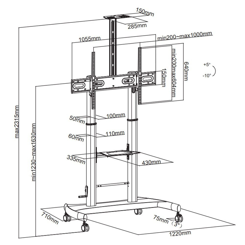 Techly Soporte De Suelo Trolley De Acero Con Altura Regulable, Para Tv De 60'' A 100''