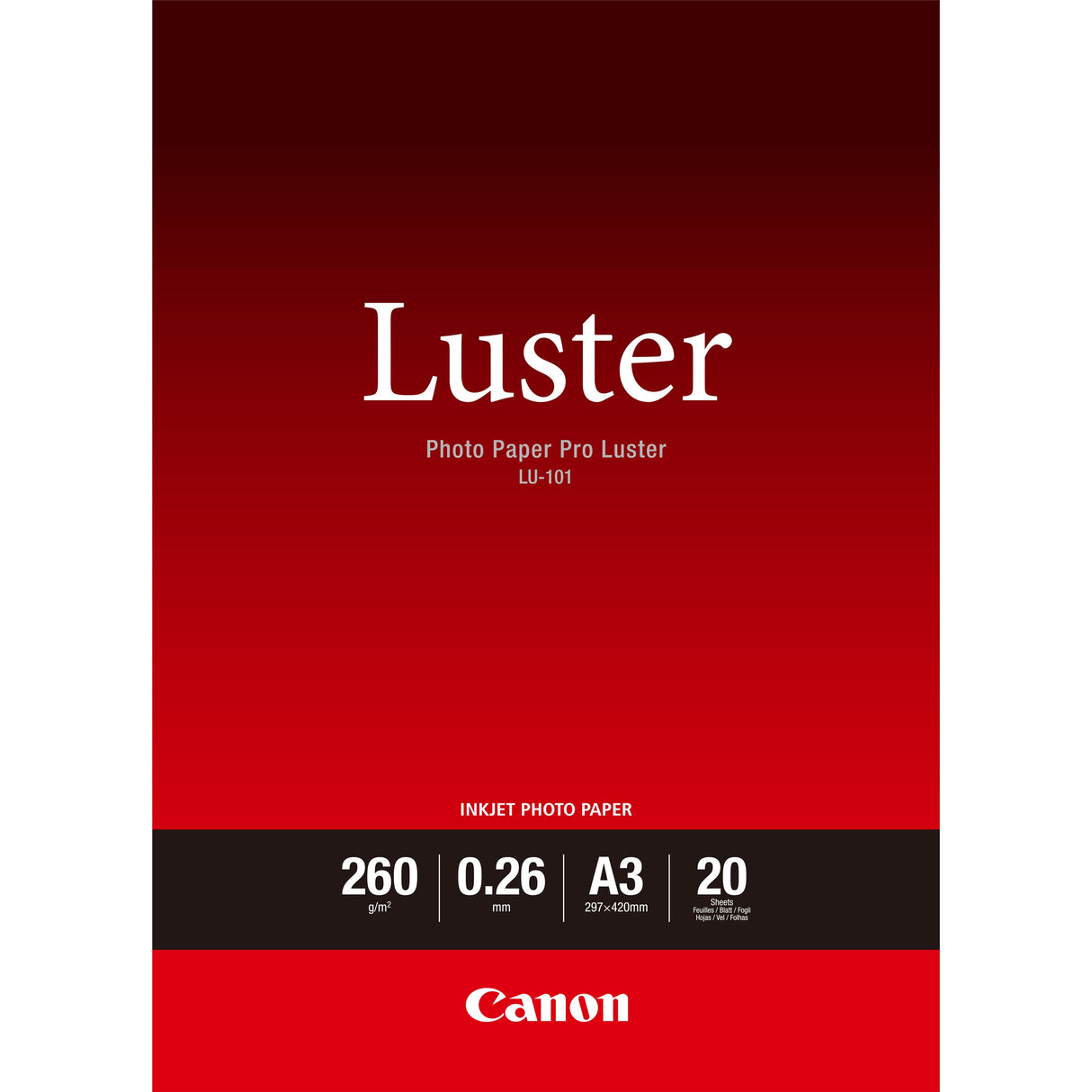 Papel Fotografico Canon Lu-101 A3/ 297x420mm/ 260g/ Brillo/ 20 Hojas