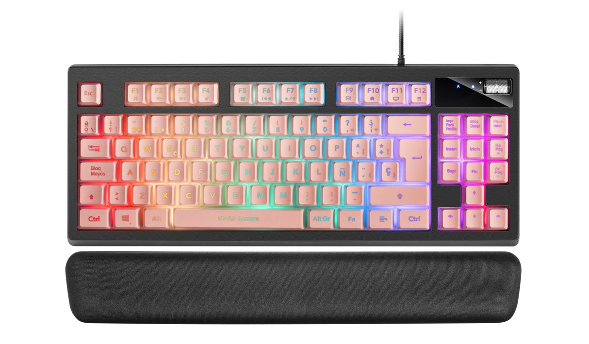 Teclado Mars Gaming Mkaxpes Pink Tecnología H-Mech Iluminación Rgb Control Reposamuñecas Gel Control Volumen Cable Usb 180cm