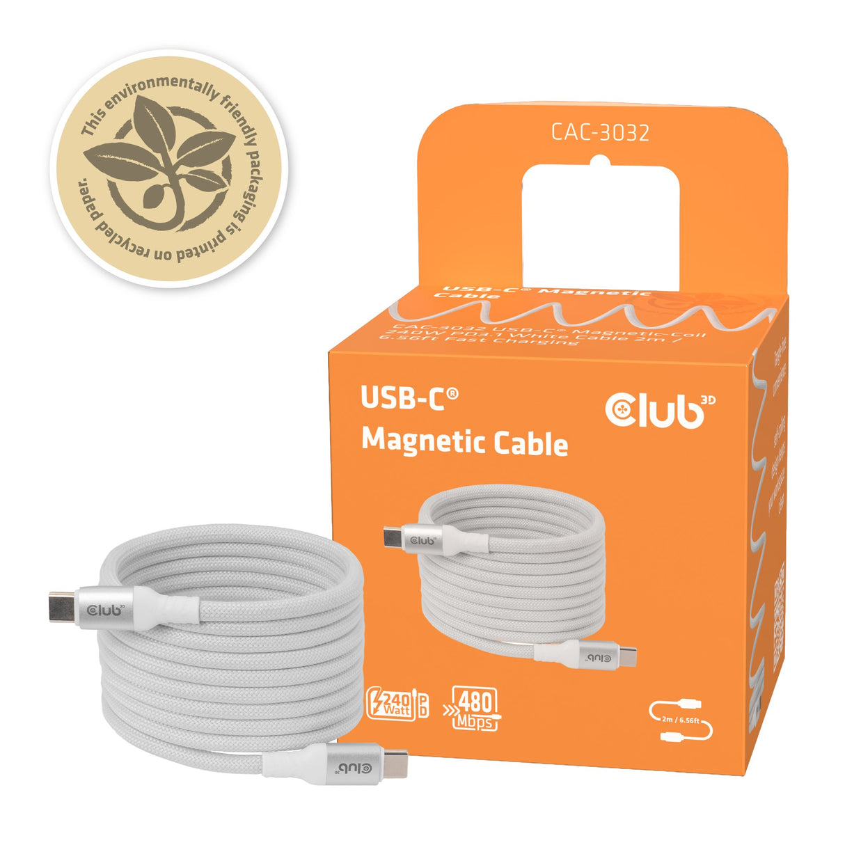 EAN 8719214473617 - CLUB3D CLUB 3D USB-C Magnetic-Coil Cable White cable USB 2 m USB C 0,48 Gbit/s 240 W Blanco imagen 7