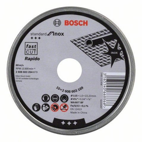 Disco De Corte Bosch Standard Para Inox - Rapido, Ø 115mm (10 Piezas, Diámetro 22,23 Mm, Wa 60 T Bf, Anverso) 2608603254