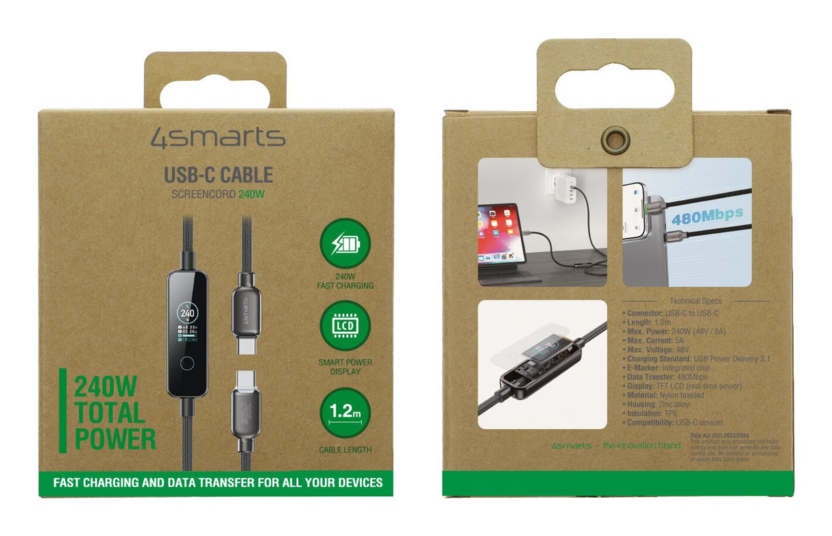 4smarts Usb-C Cable Screencord 240w 1,2m, Negro
