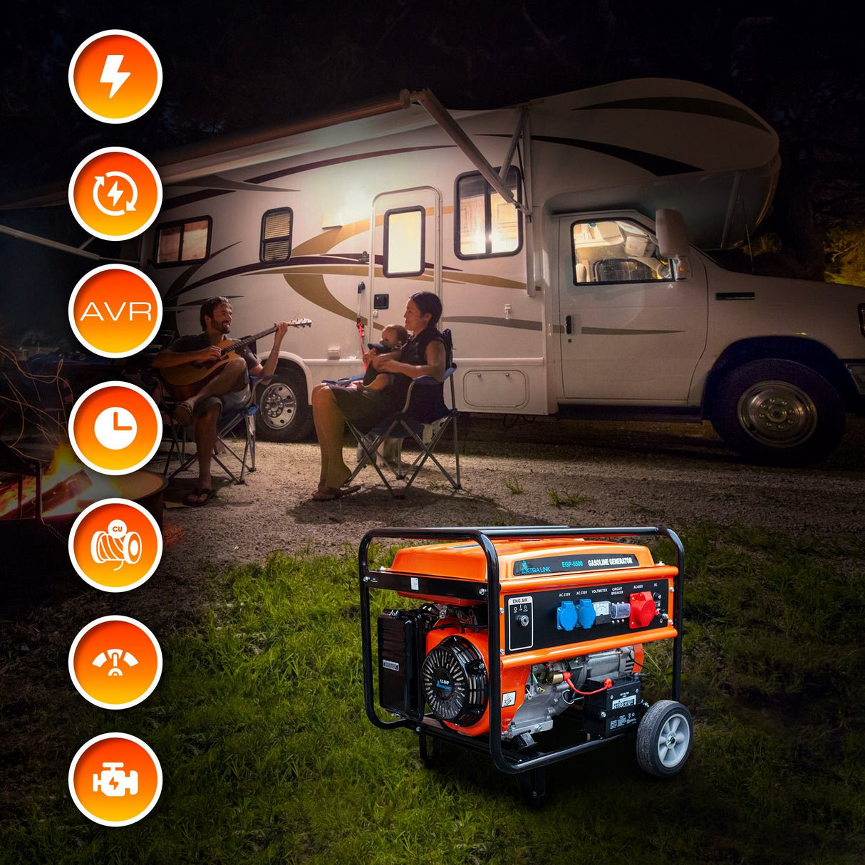 Extralink Ex.30356 Motor-Generador 5000 W 25 L Gasolina Negro, Naranja