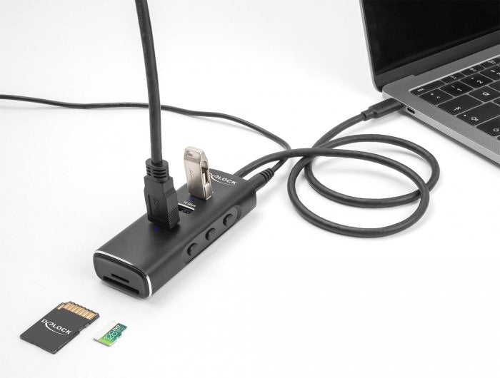 Delock 64234 Hub Usb Type-C 3 Puertos Con Lector De Tarjetas Sd Y Micro Sd - 60 Cm Cable E Interruptor Para Cada Puerto