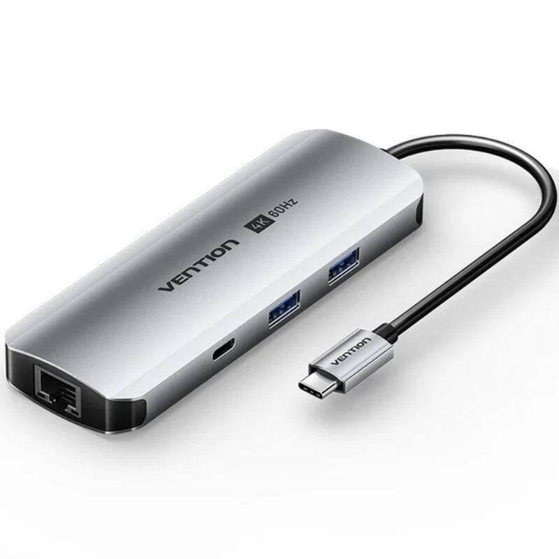 Docking Usb Tipo-C Vention Tqmhb 1xhdmi 4k 2xusb 1xusb Tipo-C 1xjack 3.5mm 1xrj45 1xusb Tipo-C Pd 1xlector Tarjetas Gris