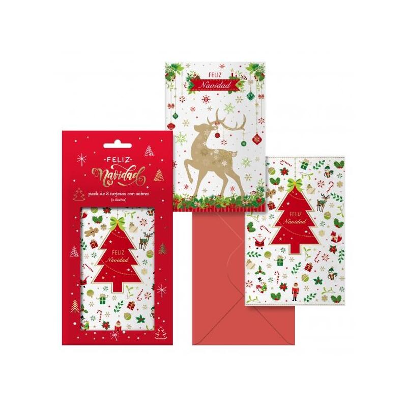 Dohe Caramelo Pack De 8 Tarjetas De Felicitacion Navideña Con Sobre - 2 Modelos Distintos - Tamaño 12,2x23,5cm - Papel