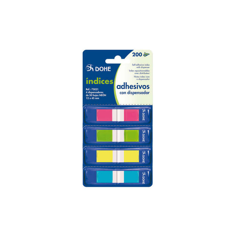 Dohe Pack De 4 Mini-Indices Adhesivos Reposicionables De 50uds Cada Uno - Medidas 12x45mm - Dispensador Con 4 Colores -