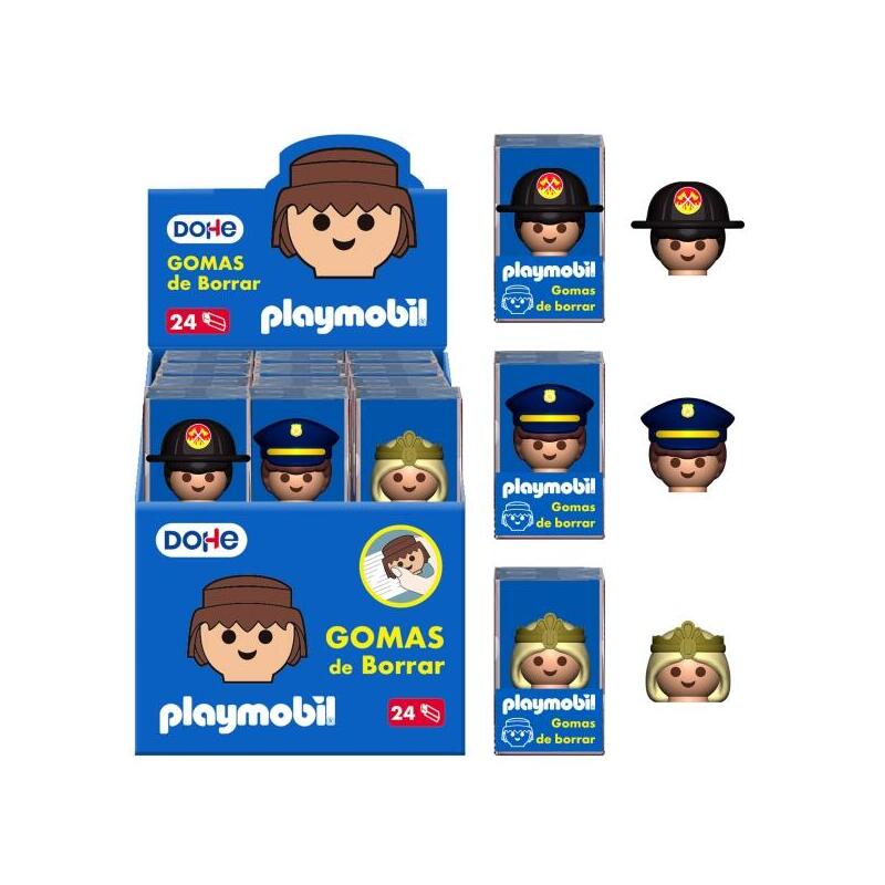 Dohe Playmobil Expositor De 24 Gomas De Borrar - Fabricadas En Pvc - Decoradas Playmobil Policia, Bombero Y Princesa