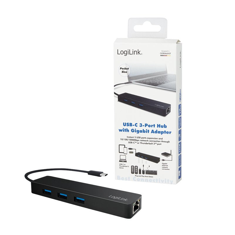 Logilink Hub De 3 Puertos Usb 3.1 Type C W/Gigabit Lan Negro Ua0313