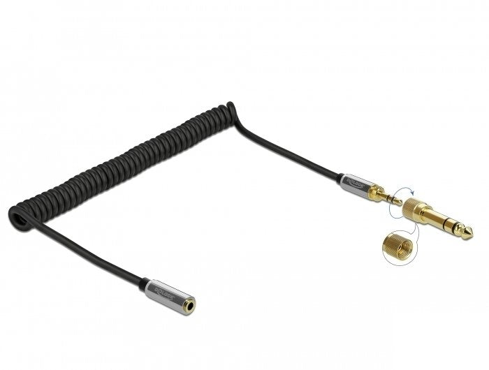 Delock 85832 Cable Enrollado Extensión 3,5 Mm Conector Macho Estéreo De 3 Pines Macho A Conector Hembra Estéreo Con Adaptador De Tornillo De 6,35 Mm 2 M