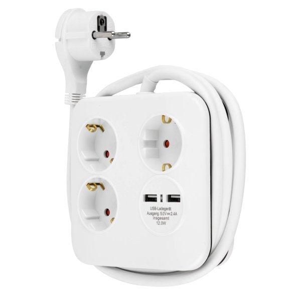 Rev Powerquad 3-Fold Power Strip + 2x Usb White