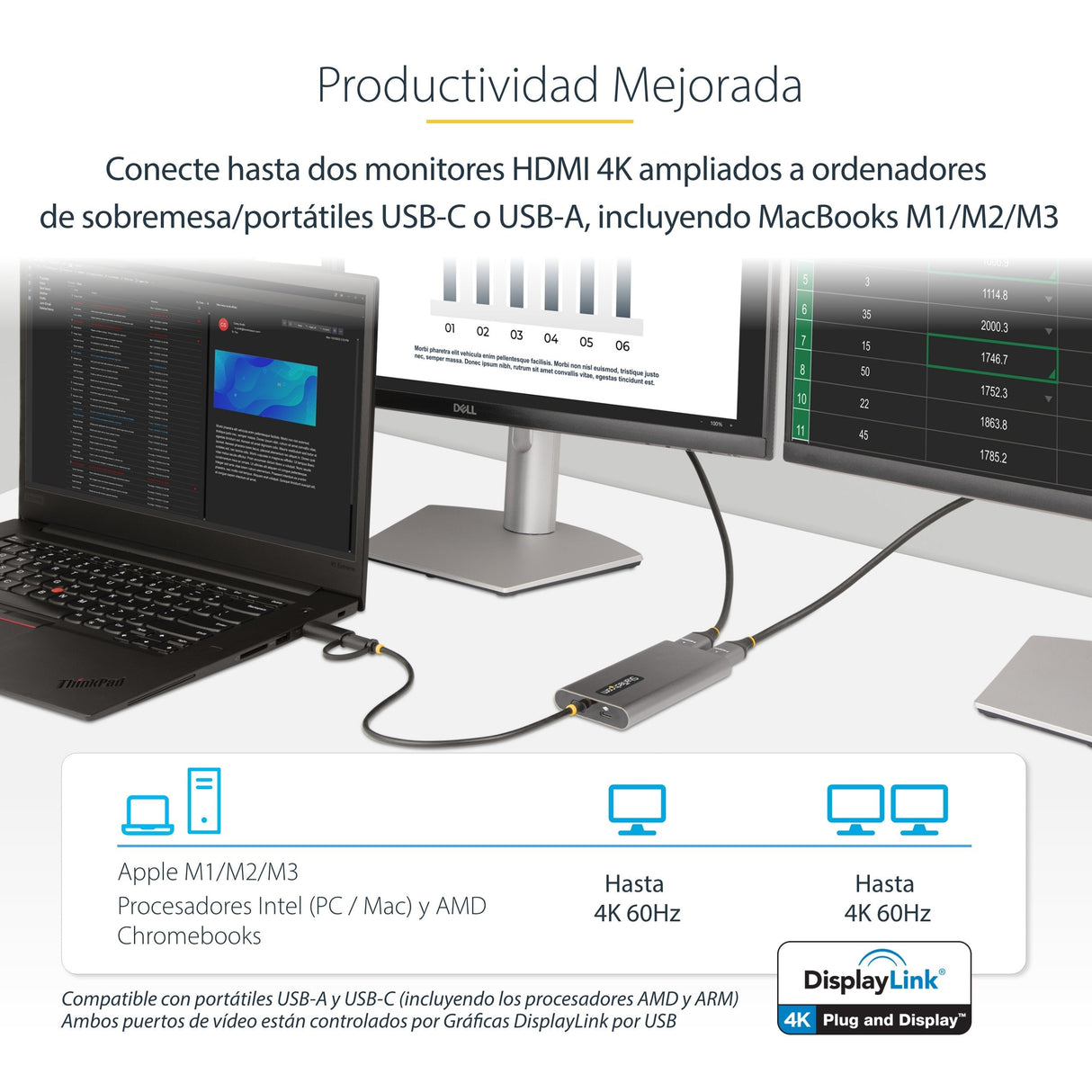 Startech Adaptador Usb-C A Hdmi Doble - Usb Tipo C A 2 Monitores Hdmi - 4k 60hz Pd De 100w 30cm