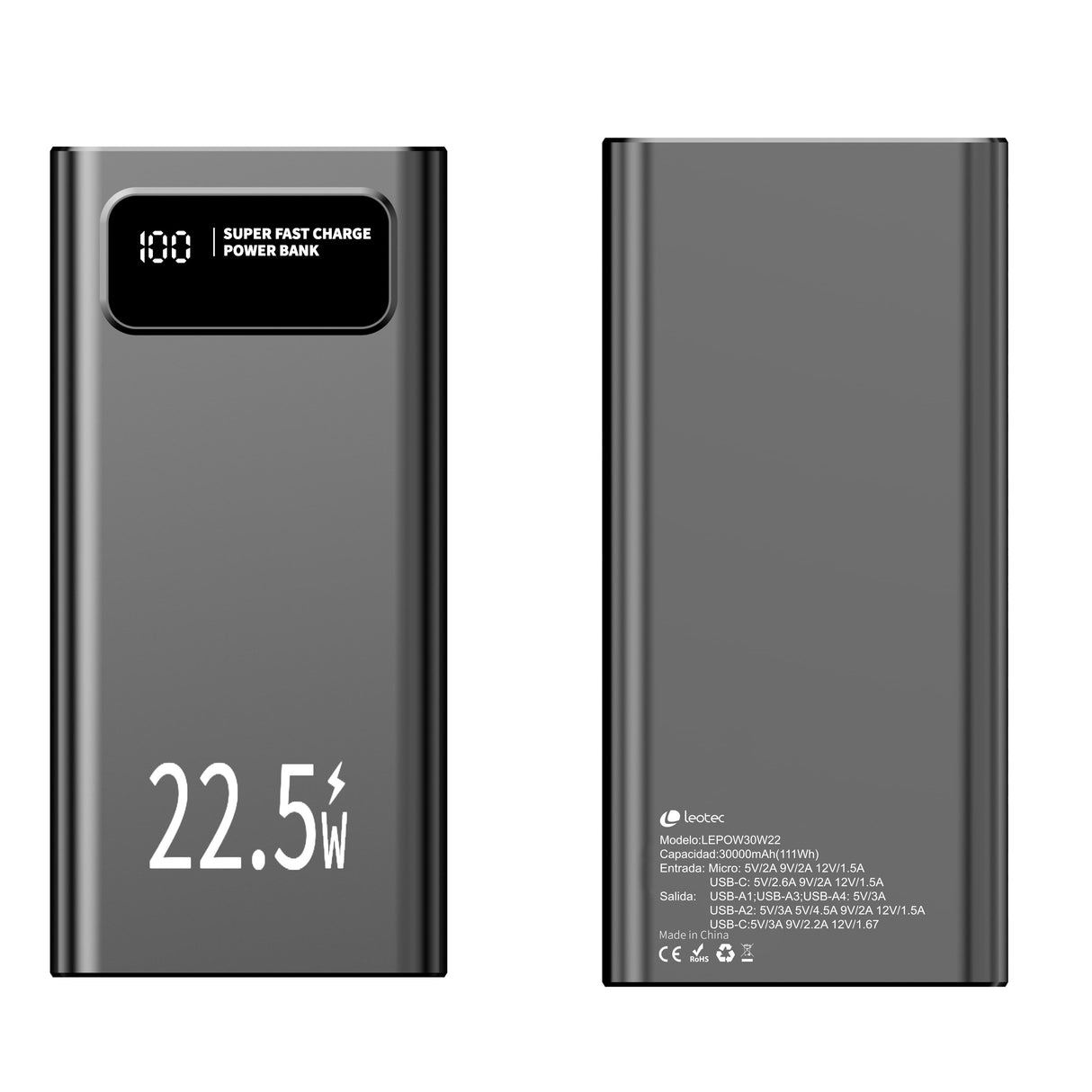 EAN 8436588883339 - Leotec LEPOW30W22K batería externa Polímero de litio 30000 mAh Negro imagen 2