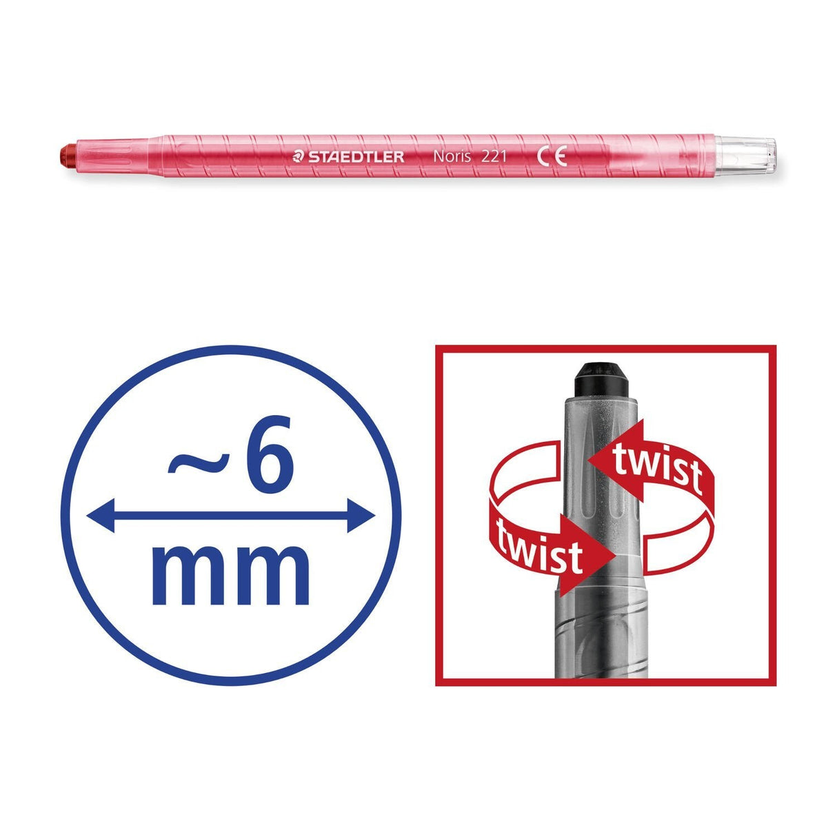 Staedtler Noris 221 Pack De 12 Ceras Giratorias - Diametro 6mm - Resistencia A La Rotura - Colorantes Alimenticios -