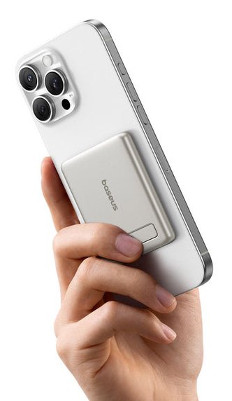 Picogo Am31 Qi2 Ultra-Mini Magnetic Power Bank Kickstand 5000mah 20w Natural Titanium + Braided Cable Usb-C To Usb-C 30cm White