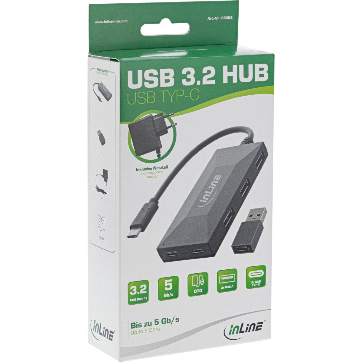 Inline® Usb 3.2 Gen.1 Otg Hub, Usb Typ-C A 2 Port Typ-C And 3 Port Typ-A,  With 5v/3a Power Supply, Black