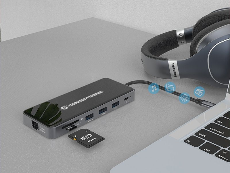 Conceptronic Adaptador Usb-C->2xhdmi,Gbe,Pd,2xusb3.0,Sd0.25 Gr