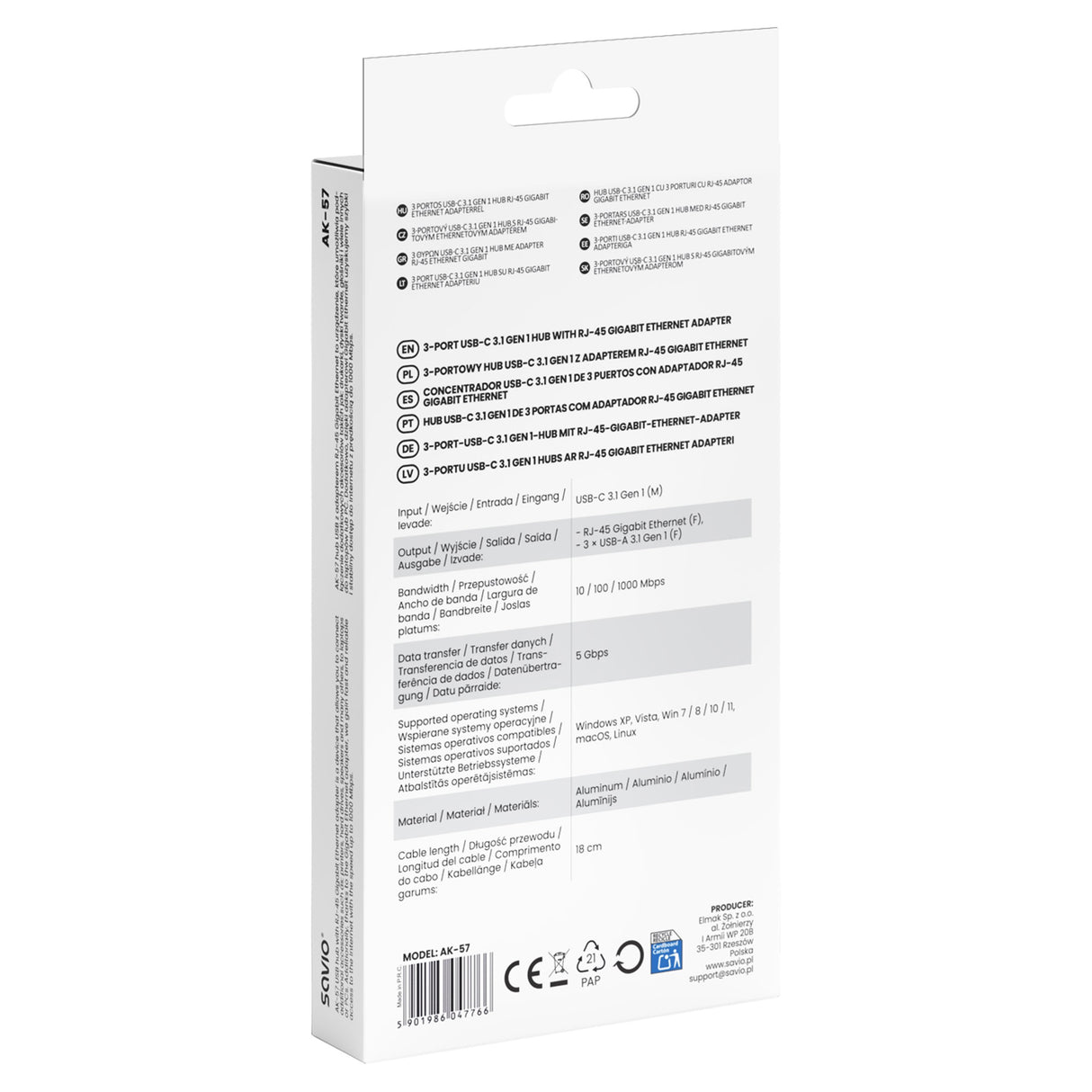 EAN 5901986047766 - Savio AK-57 USB-C - 3 x USB-A HUB with RJ-45 Gigabit Ethernet adapter 5000 Mbit/s grey 2 x USB 3.2 Gen 2  imagen 7