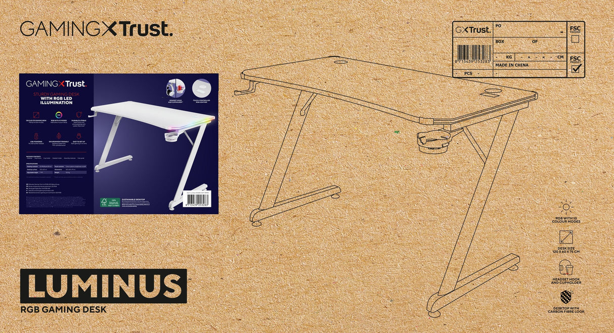 Mesa Gaming Gxt 709w Luminus Blanco Trust Máximo 150kg/ 120 X 60 X 74cm/ Control De Iluminación