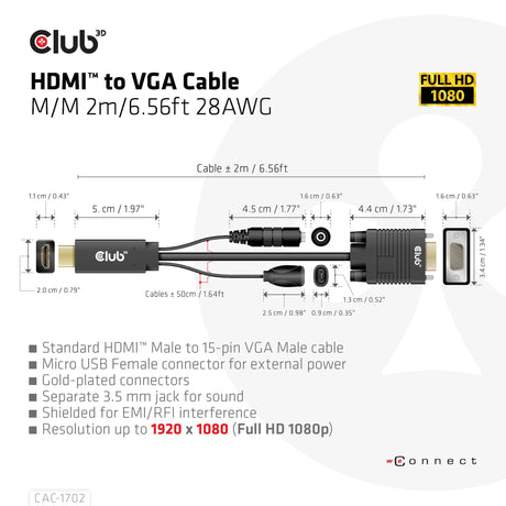 EAN 8719214472221 - CLUB3D CAC-1712 adaptador de cable de vídeo 2 m VGA (D-Sub) + 3,5mm HDMI + Micro-USB Negro imagen 5