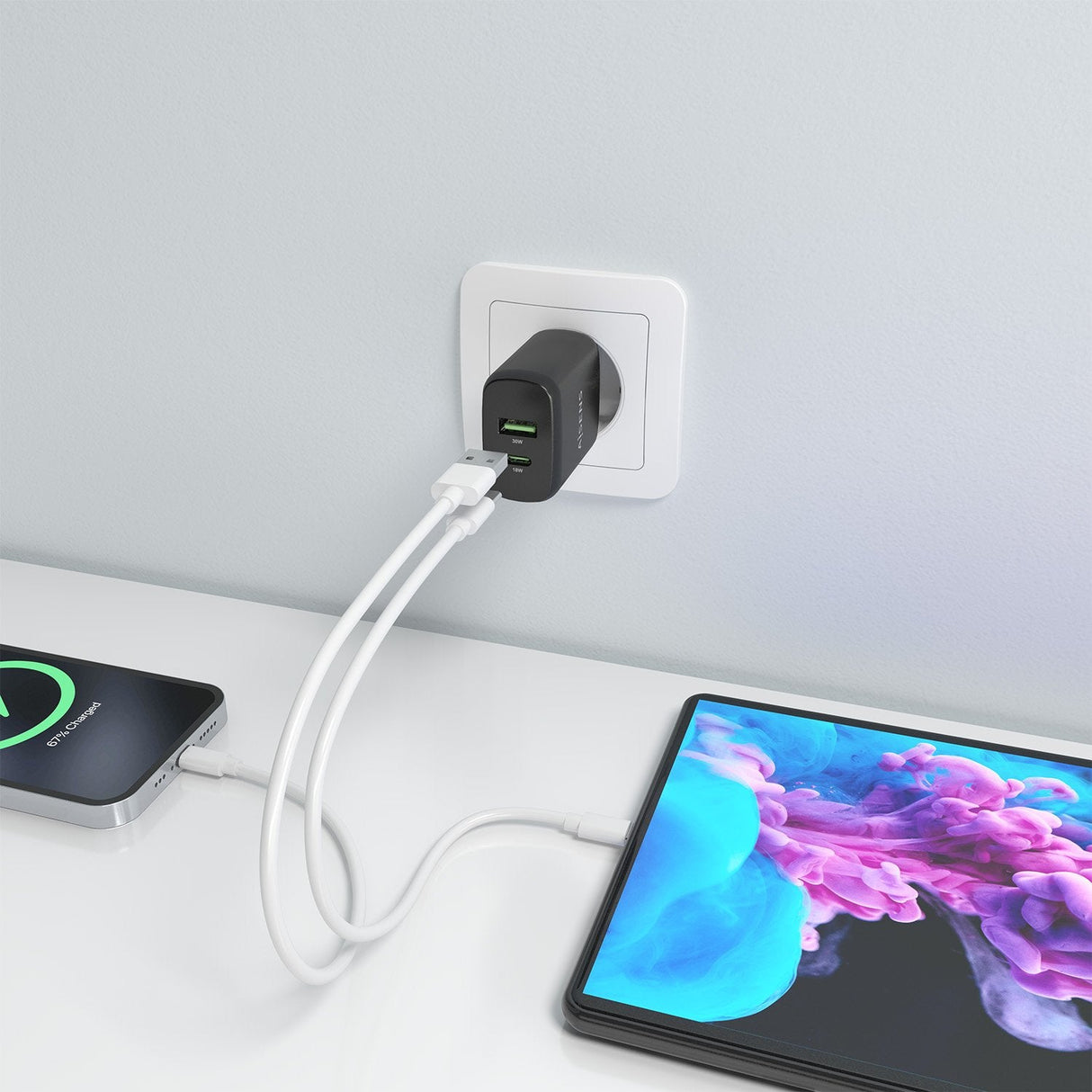 Aisens Cargador Gan 30w, 1xusb-C Pd3.0 Qc4.0, 1xusb-A Qc3.0, Negro