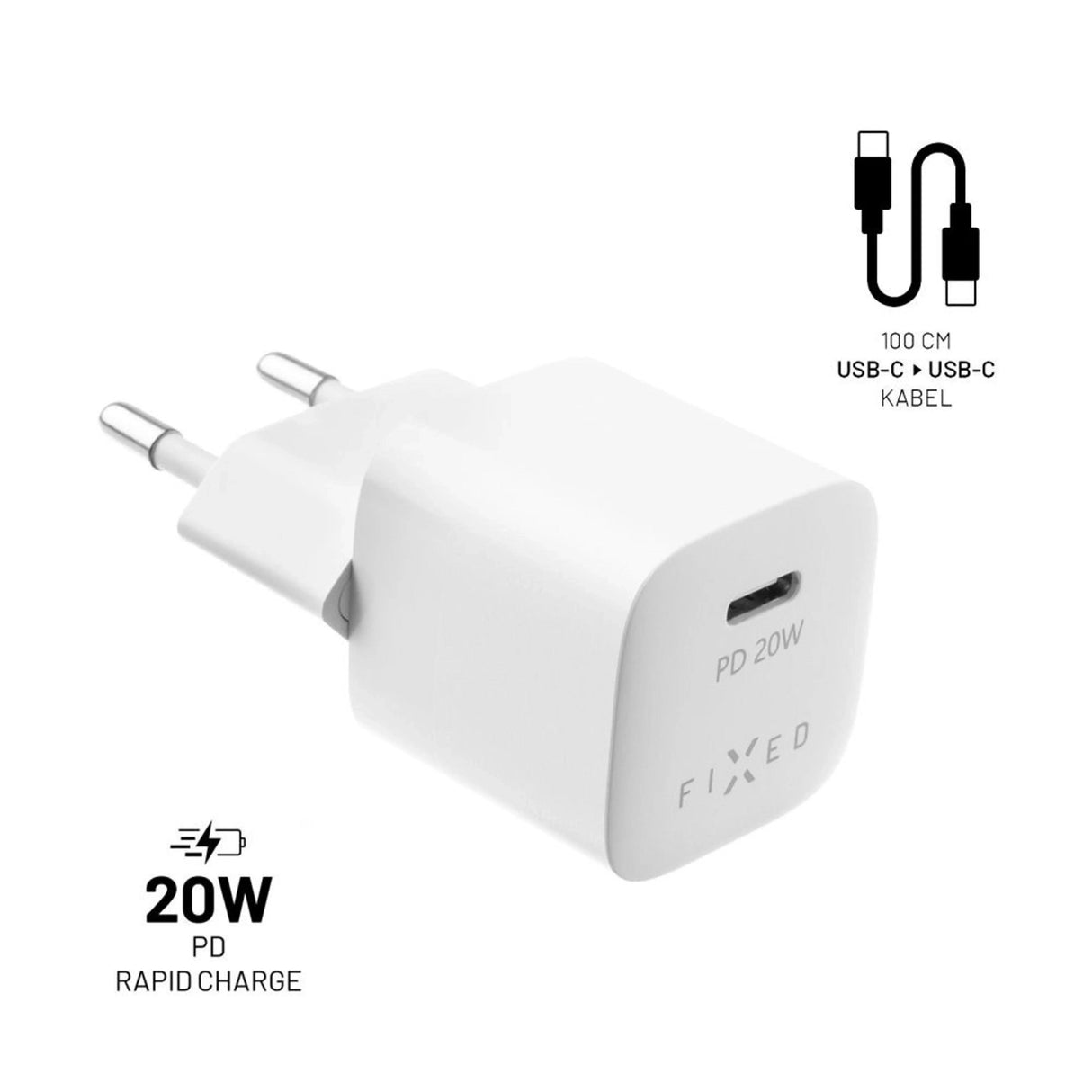 Fixed Mini Travel Charger 20w+ Usb-C Usb-C Cable, White