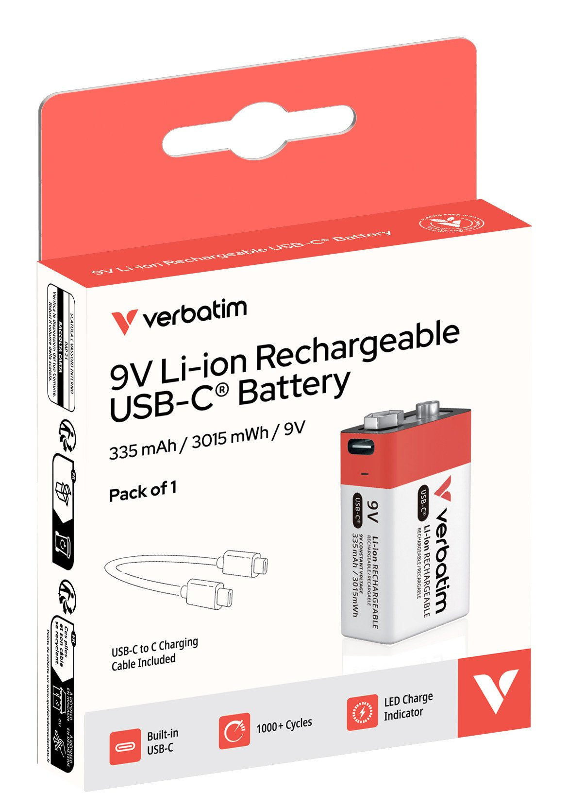 Verbatim 9v-Akku Mit Usb-C-Anschluss, Li-Ion