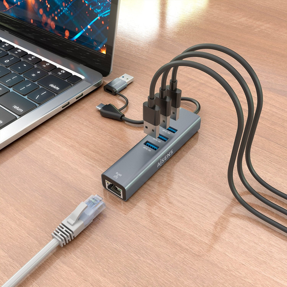 Hub Usb + Usb Tipo-C 3.2 Aisens A109-1033 3xusb 1xrj45 Gris