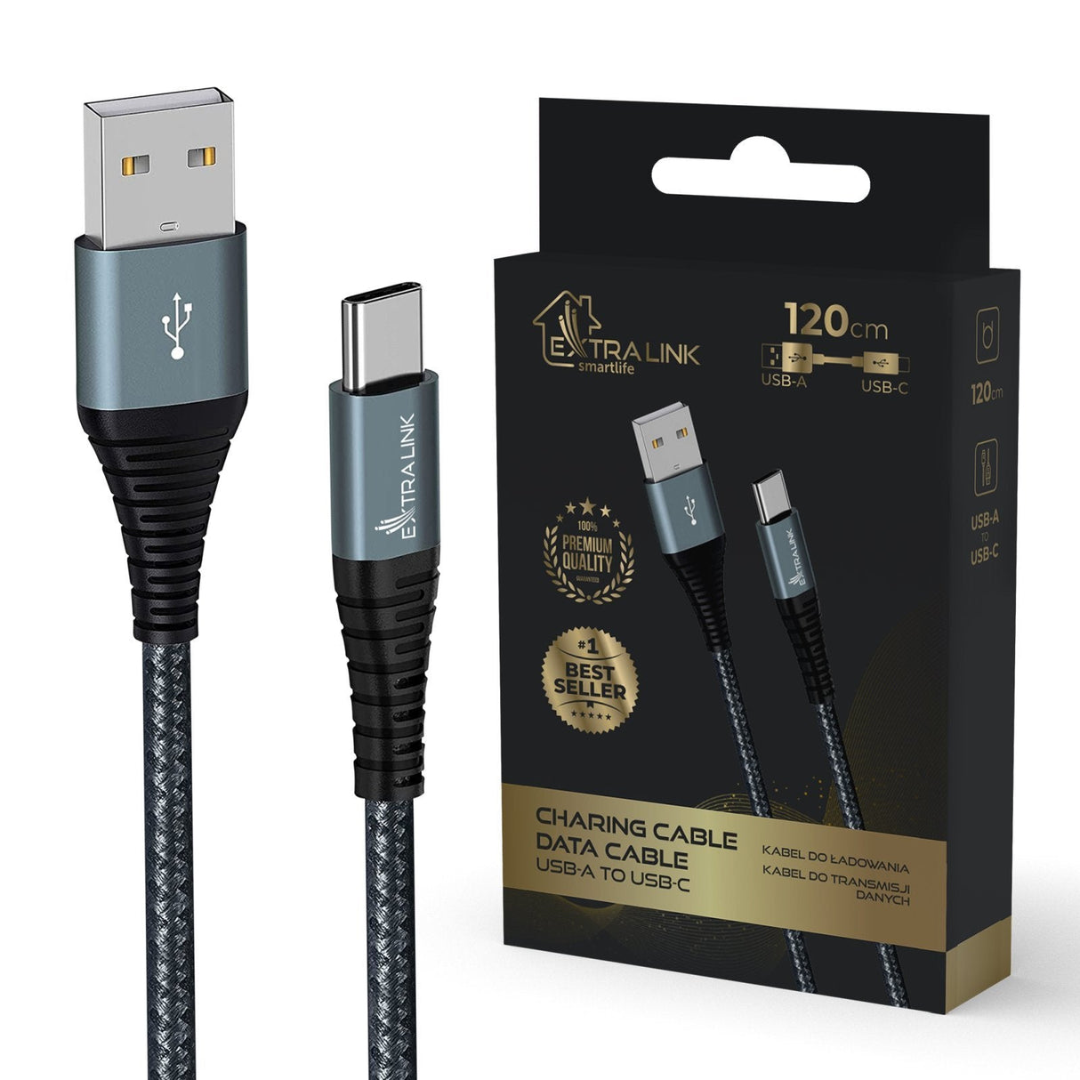 Extralink Smart Life 15w, Usb-A - Usb-C, 120cm, Nylonowy Oplot, 5v 2.4a/3a, Negro