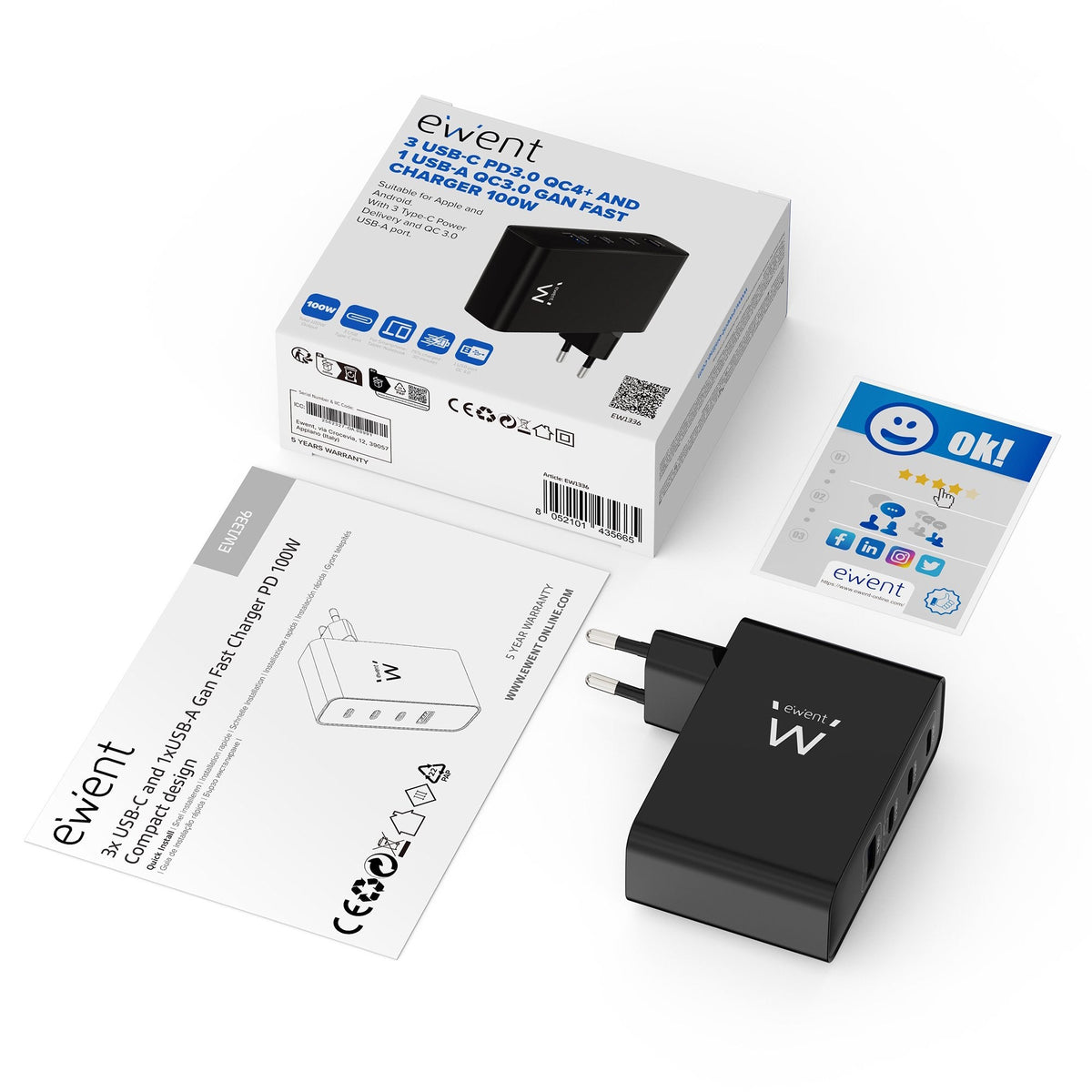 Ewent Ew1330 Cargador Gan Universal De Pared 100w Ultrarapido - 3x Usb-C Pd 3.0 Y 1x Usb-A Qc 3.0 - Negro