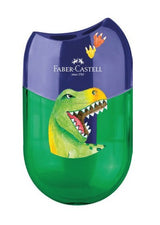 Faber-Castell Dinosaurio Sacapuntas De 2 Orificios Con Deposito - Diseño Atractivo De Dinosaurio - Verde/Azul