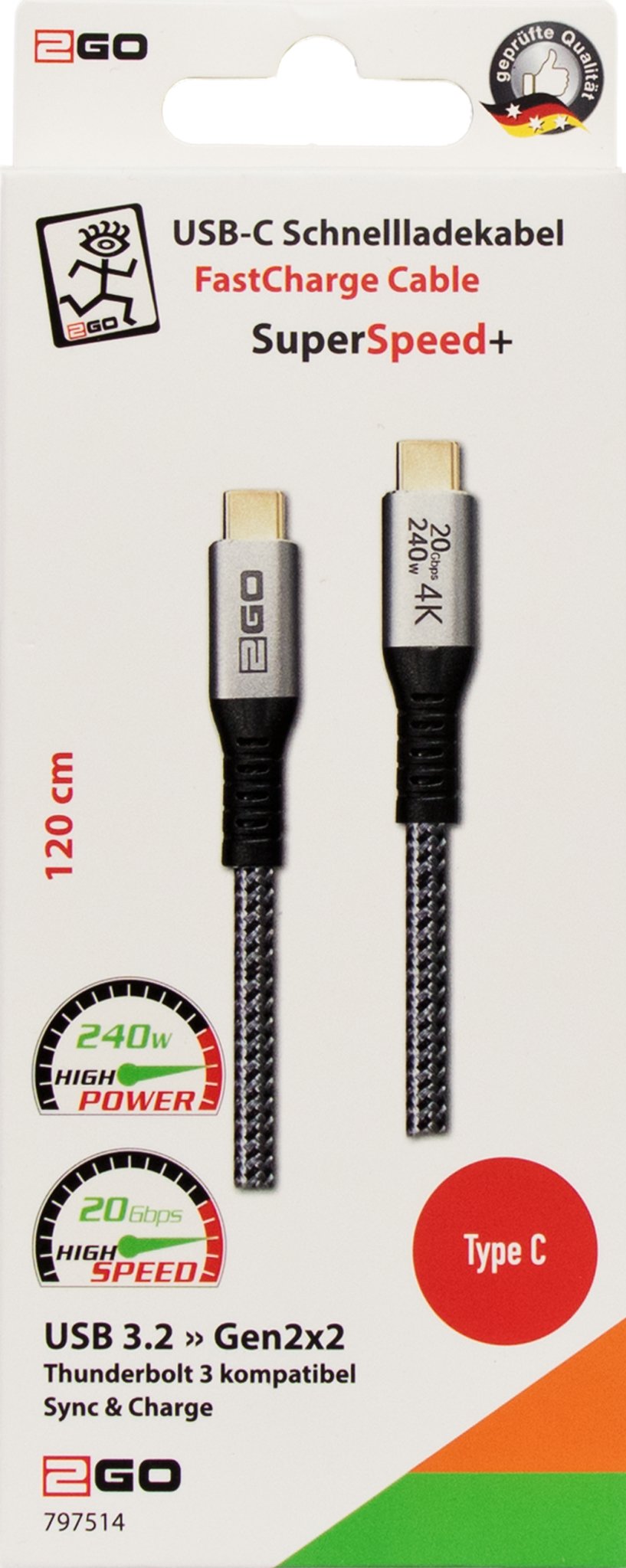 2go 797514 Cable Usb 1,2 M Usb 3.2 Gen 2x2 Usb C Negro, Plata