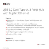 Club3d Usb 3.2 Gen1 Tipo-A, Hub De 3 Puertos Con Gigabit Ethernet