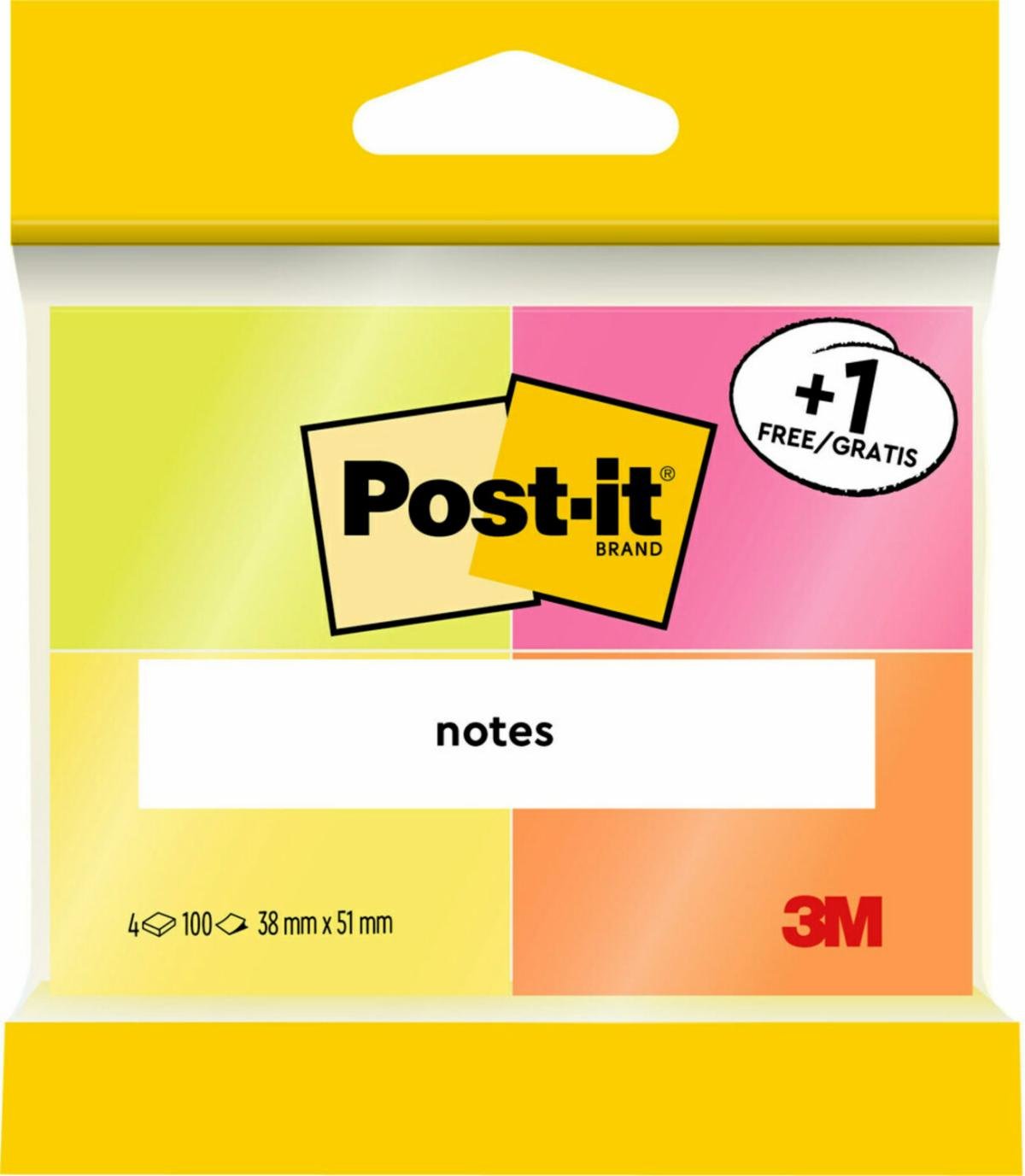 Post-It Pack De 4 Blocs De 100 Notas Adhesivas Reposicionables - Colores Neon - 38x51mm - Promocion 3 Blocs + 1 Gratis