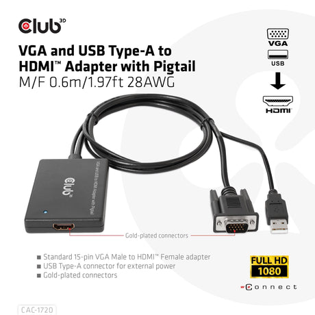 EAN 8719214472214 - CLUB3D CAC-1720 adaptador de cable de vídeo 0,6 m HDMI tipo A (Estándar) VGA (D-Sub) + USB Negro imagen 2