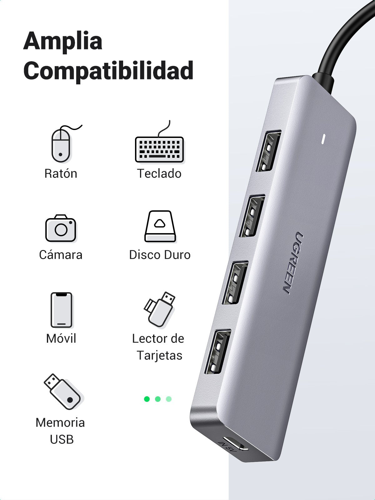 Hub  Ugreen 50985 De Interfaz Usb 3.2 Gen 1 (3.1 Gen 1) Type-A 5000 Mbit/S Plata