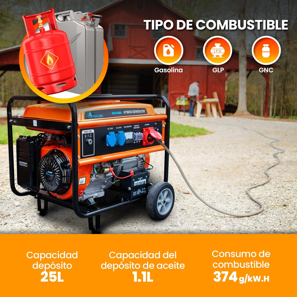 Extralink Ex.30370 Motor-Generador 5000 W 25 L Gasolina Negro, Naranja
