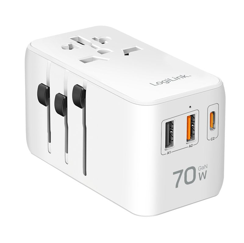 Cargador De Viaje Universal, 70 W (Pd), 4 Conexiones,Cable, Ignífuga,  (Eu/Uk/Us/Aus) Blanco Logilink