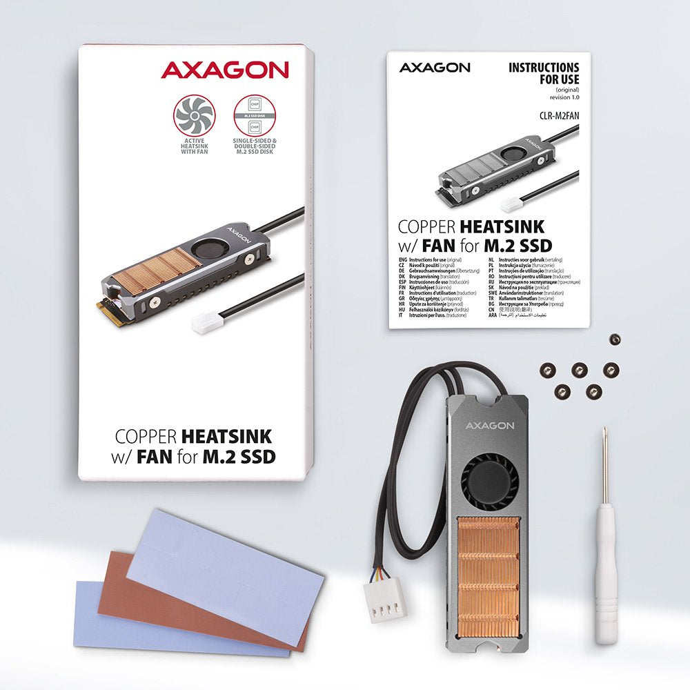 Axagon Clr-M2fan Sistema De Refrigeración Para Ordenador Unidad De Estado Sólido Disipador Térmico/Radiador Gris 1 Pieza(S)