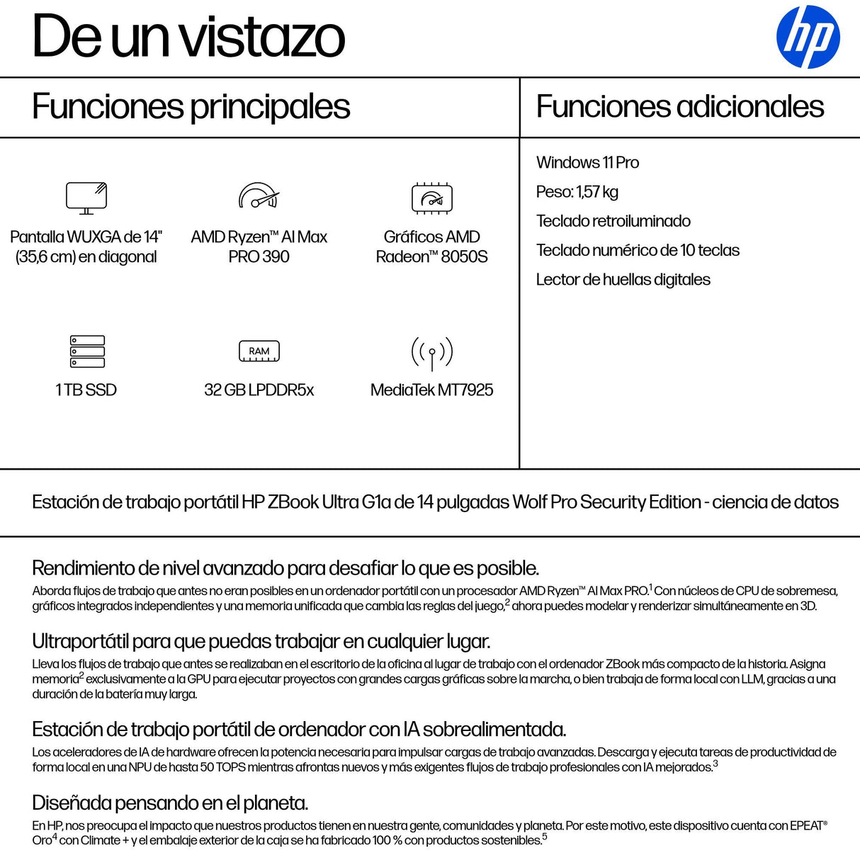 EAN 199251237041 - HP ZBook Ultra G1a Copilot+ PC AMD Ryzen AI Max PRO 390 Estación de trabajo móvil 35,6 cm (14") WUXGA 32 G imagen 4