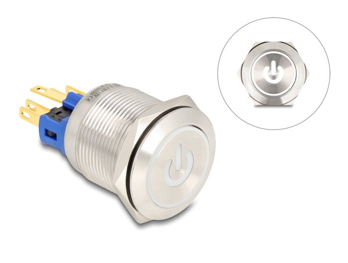 Druckschalter Zum Einbau 22 Mm 6 X Lötanschluss Led Weiss Powersymbol + Ring